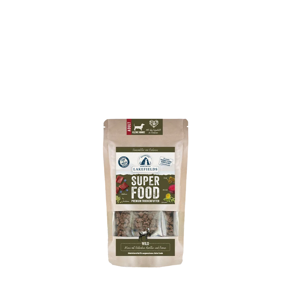 Verpackung von Lakefields Super Food Trockenfutter "Wild" mit Trockenfleisch und Trockenfrüchten in umweltfreundlicher Tüte.