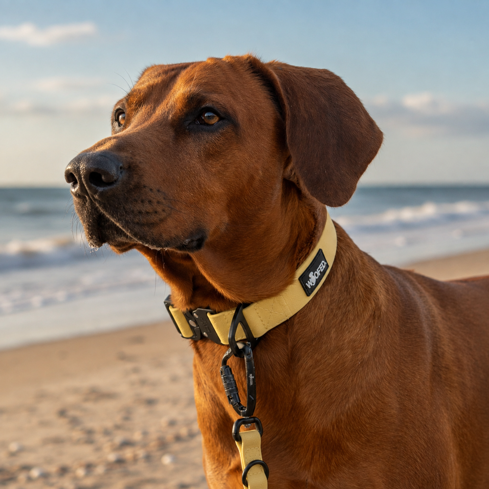Mittelgroßer brauner Hund mit hellgelbem WOOFLEX® Halsband steht am Strand vor dem Meer unter klarem Himmel.