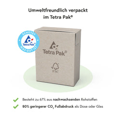 Umweltfreundliche Tetra Pak-Verpackung von FRED Tricolore mit 67 % nachwachsenden Rohstoffen und 80 % weniger CO₂-Emissionen.