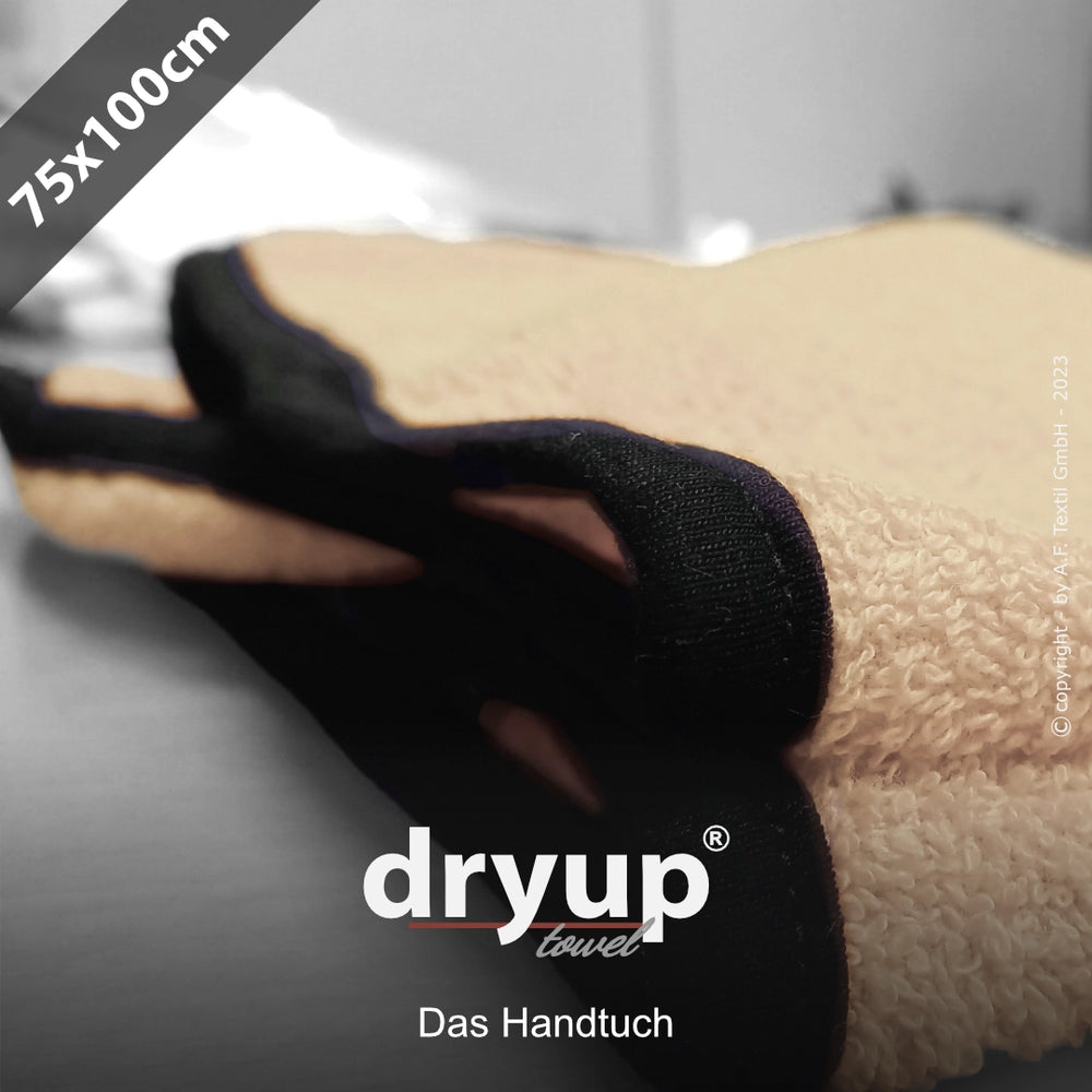 Beiges Dryup® Handtuch 75 x 100 cm mit schwarzen Rändern, weich und saugfähig für optimale Nutzung.