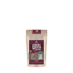 "Verpackung von Leckerli-Streifen vom Rind in natürlichem Design mit Abbildung von Rindfleischstreifen."