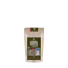 Verpackung von Leckerli-Streifen vom Hirsch in umweltfreundlichem Design mit braunem Material und bunten Akzenten.