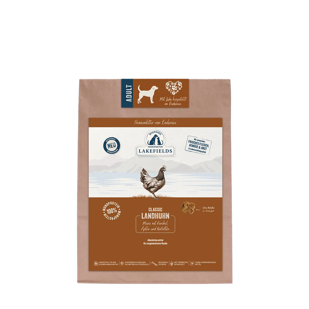 Braune Papiertüte mit Lakefields Hundefutter "CLASSIC LANDHUN" für Erwachsene, angenehm helles Design und Inhaltsangaben.