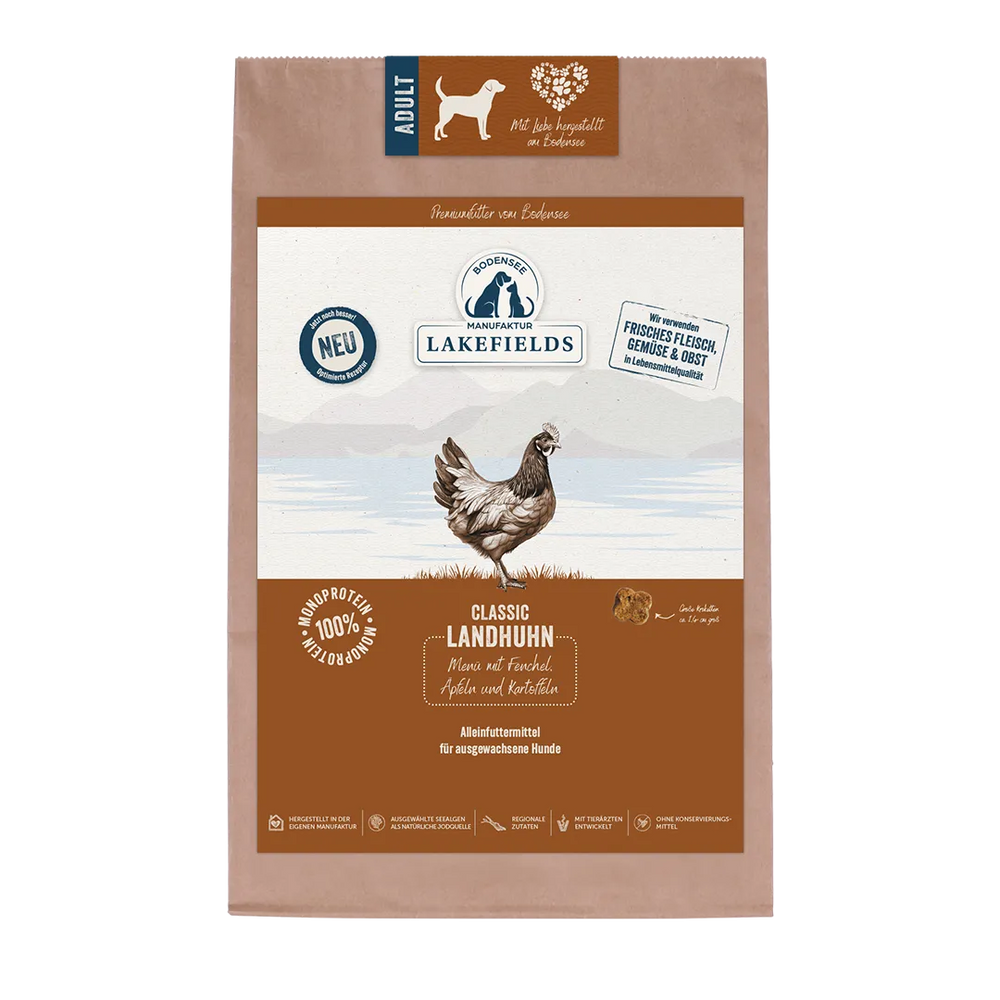 Verpackung von Lakefields Trockenfutter für Hunde mit Huhn, neue Rezeptur in Braun- und Blautönen.