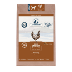 Verpackung von Lakefields Trockenfutter für Hunde mit Huhn, neue Rezeptur in Braun- und Blautönen.