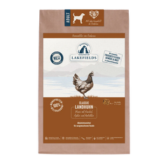 Verpackung von Lakefields Trockenfutter für Hunde mit Huhn, neue Rezeptur in Braun- und Blautönen.
