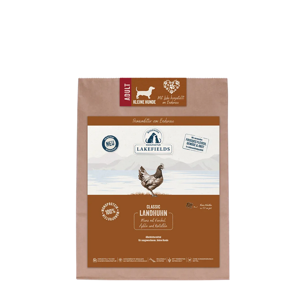 Trockenfutter-Menü Huhn für Hunde in der Papiertüte von Lakefields, mit neutralem Design und Inhaltsstoffen.