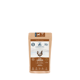 Braune Verpackung von Lakefields Hundefutter für Erwachsene mit Huhn und Infos zu Inhaltsstoffen und Qualität.