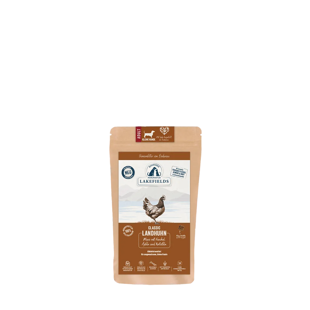 Verpackung von Lakefields Trockenfutter für kleine Hunde mit Huhn und natürlichen Inhaltsstoffen.