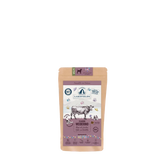 Braune Kraftpapierverpackung von Lakefields Trockenfutter für Welpen mit Rind und Hundillustrationen.