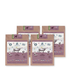 Welpen Trockenfutter von Lakefields: Vier Packungen mit buntem Design und hochwertigen Zutaten.