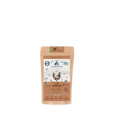 Verpackung von Lakefields Trockenfutter-Menü Huhn für Welpen mit bunten Tiermotiven und Hühnerabbildung.