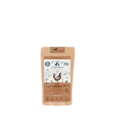 Verpackung von Lakefields Trockenfutter-Menü Huhn für Welpen mit bunten Tiermotiven und Hühnerabbildung.