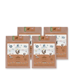 Verpackungen von Lakefields Trockenfutter für Welpen mit Huhn, bunten Grafiken und Zutateninformation.