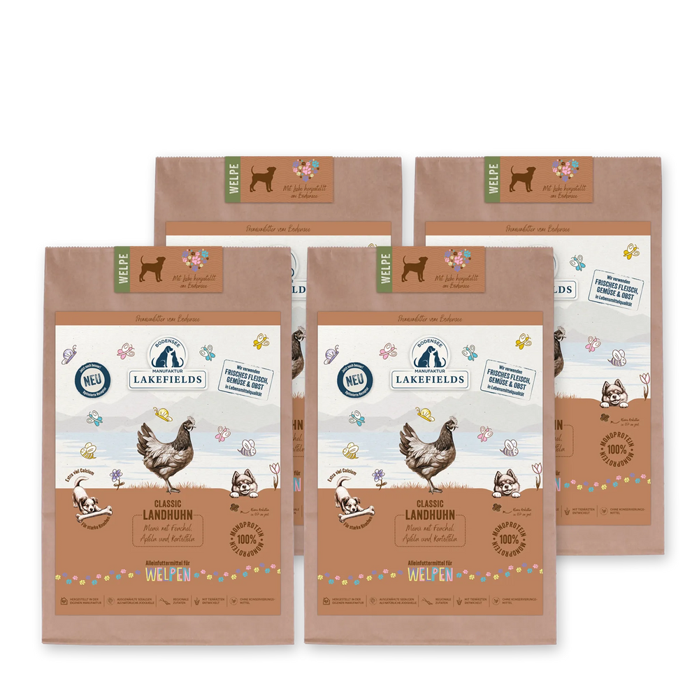 Braune Packungen von Lakefields Trockenfutter für Welpen mit bunten Grafiken und Produktinformationen.