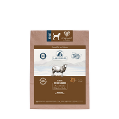 Rustikaler Karton mit Lakefields Trockenfutter-Menü Lamm für erwachsene Hunde, 100% natürliche Rezeptur.
