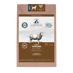 Verpackung von Lakefields Hundefutter "Classic Weidelamm" für adulte Hunde, mit naturnahen Farben und Berglandschaft.
