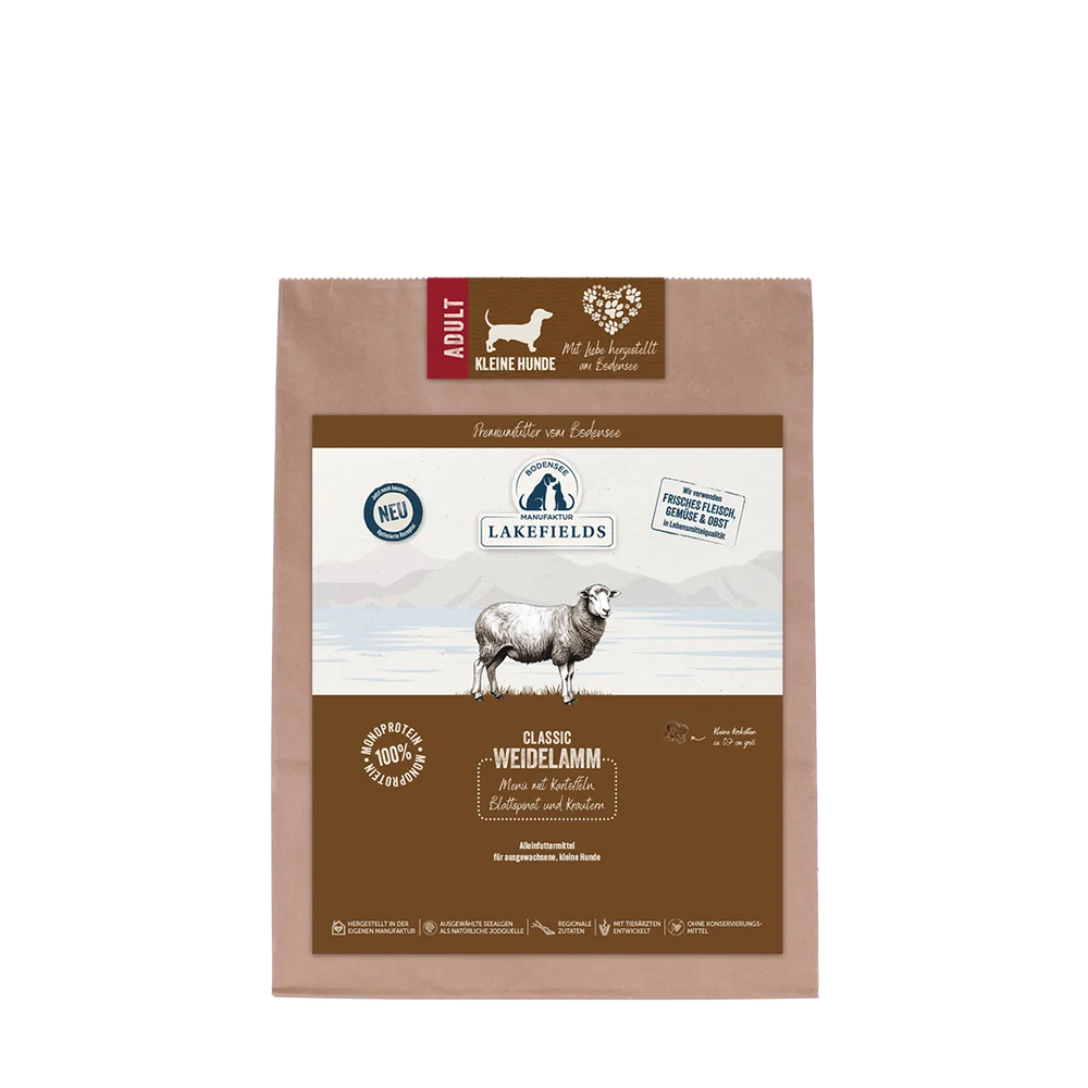 Trockenfutter für Hunde: Lakefields Classic Weidelamm in brauner Verpackung mit Schafabbildung. Ideal für kleine Hunde.