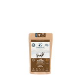 Braune Tüte mit Hundefutter "Lakefields", Lammgeschmack, Bild eines Schafes und Inhaltsstoffe auf der Verpackung.