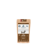 "Packung Lakefields Trockenfutter für Hunde mit Weide-Lamm, braun, mit Neuheitssymbol und Zutateninformationen."