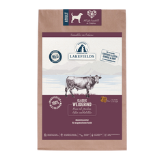 Verpackung von Lakefields Trockenfutter Rind für Erwachsene Hunde, mit Kuh und Landschaftsabbildung.