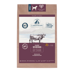 Verpackung von Lakefields Trockenfutter Rind für Erwachsene Hunde, mit Kuh und Landschaftsabbildung.