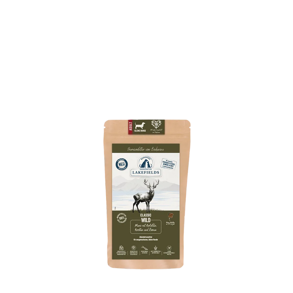 Verpackung des Trockenfutters "Lakefields Classic Wild" für Minis mit Reh und Bio-Qualitätssymbolen.