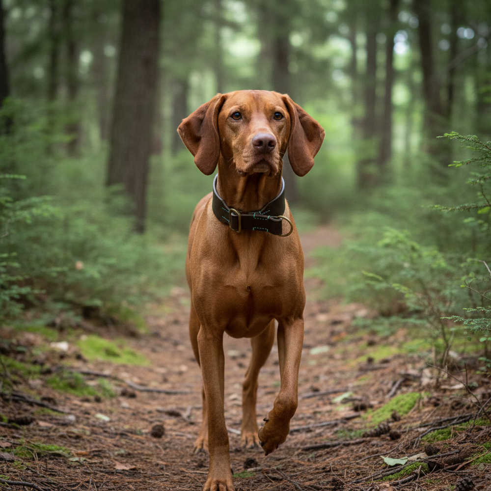 Hund im Wald mit braunem Fell und Zugstopp Lederhalsband Waldgeist, umgeben von Bäumen und grünem Unterholz.
