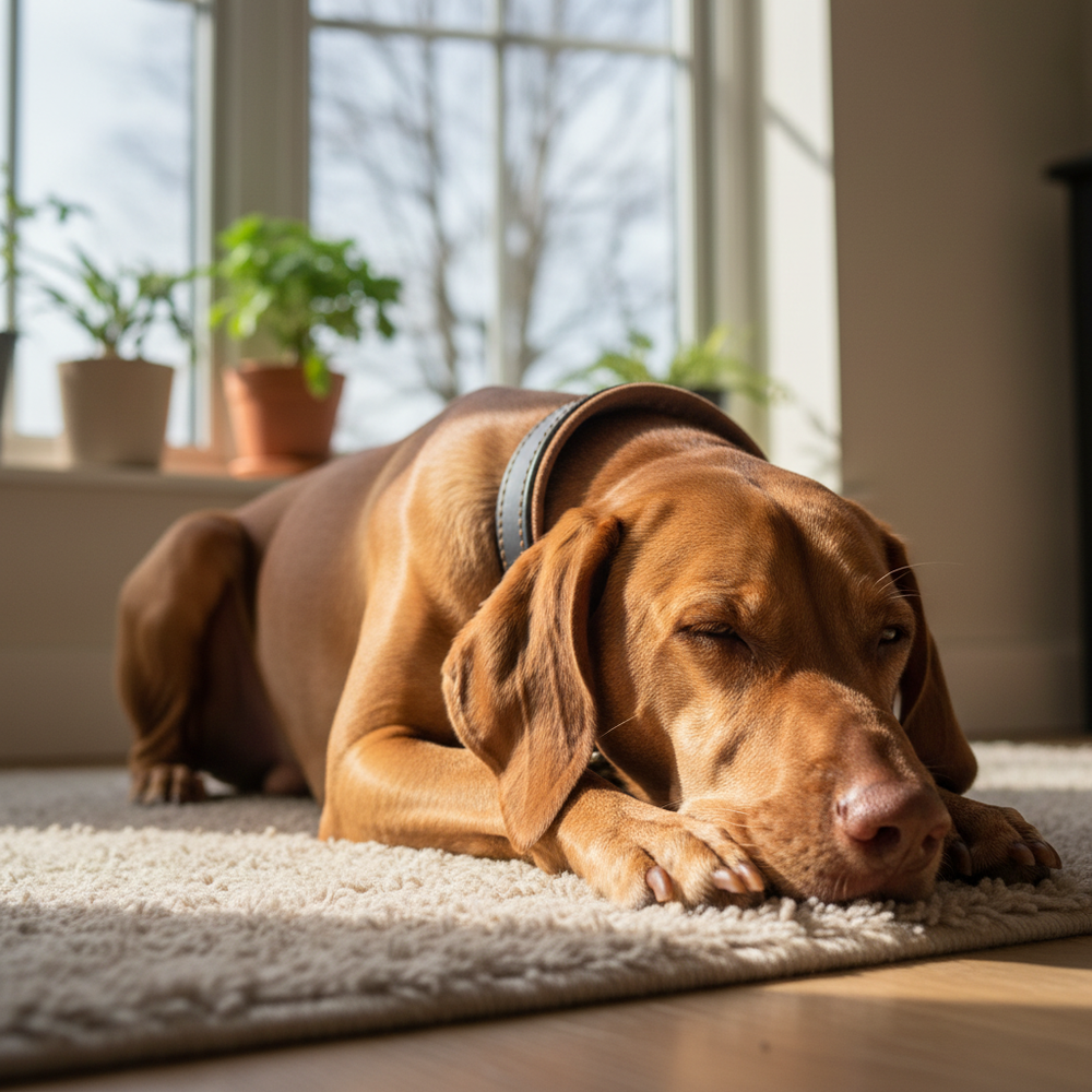 Brauner Vizsla-Hund entspannt auf einem Teppich, umgeben von Tageslicht und Pflanzen, trägt ein Zugstopp Lederhalsband.