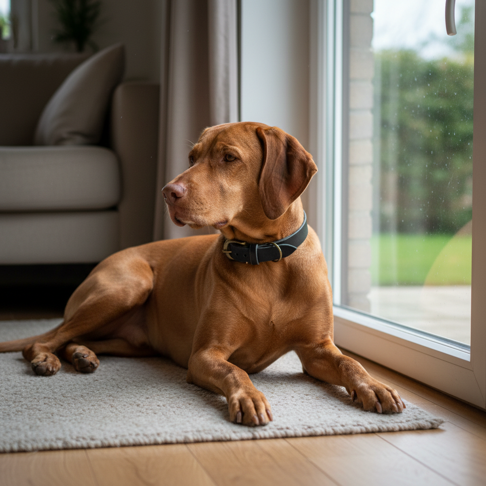 Brauner Hund auf Teppich mit schwarzem Lederhalsband im Wohnzimmer, Sofa und Fenster im Hintergrund.