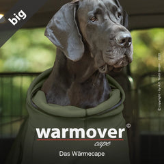Großer Hund im olivgrünen Wärmecape von warmover©, bequem geschnitten für optimale Wärme und Komfort.
