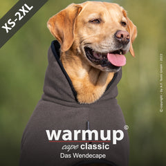 Labrador Retriever im grauen Wende-Cape, das bis zum Hals reicht, mit Größenangabe "XS-2XL".