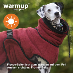 Hund im roten Wende-Cape aus Fleece mit Kapuze, warme Fleece-Seite innen und Frottee außen für zusätzlichen Komfort.