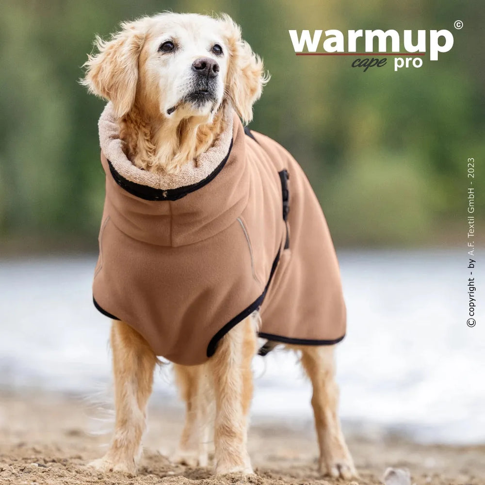 Hund im warmen braunen Kapuzenmantel mit flauschigem Innenmaterial, ideal für kalte Tage im Freien.