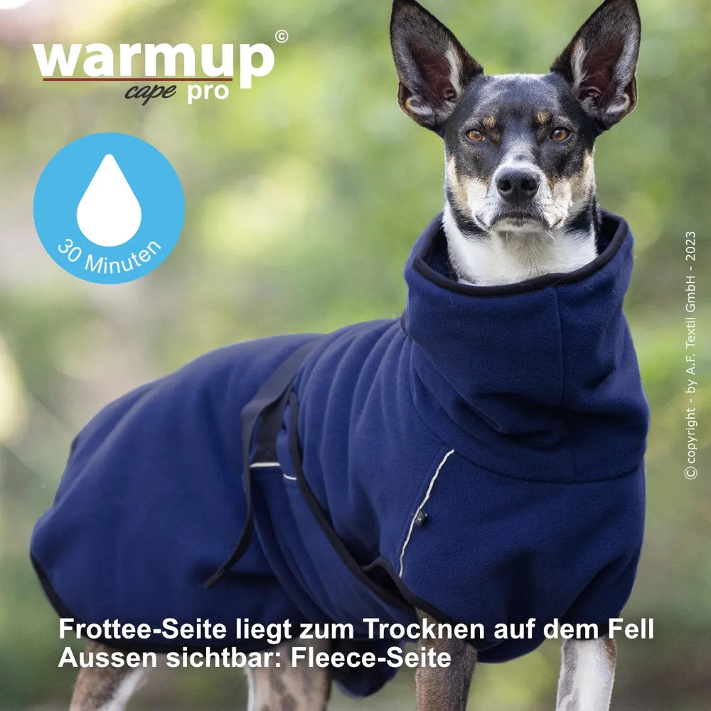 Hund im blauen Wende-Cape mit Frottee-Innenseite zum Trocknen und kuscheliger Fleece-Außenseite.