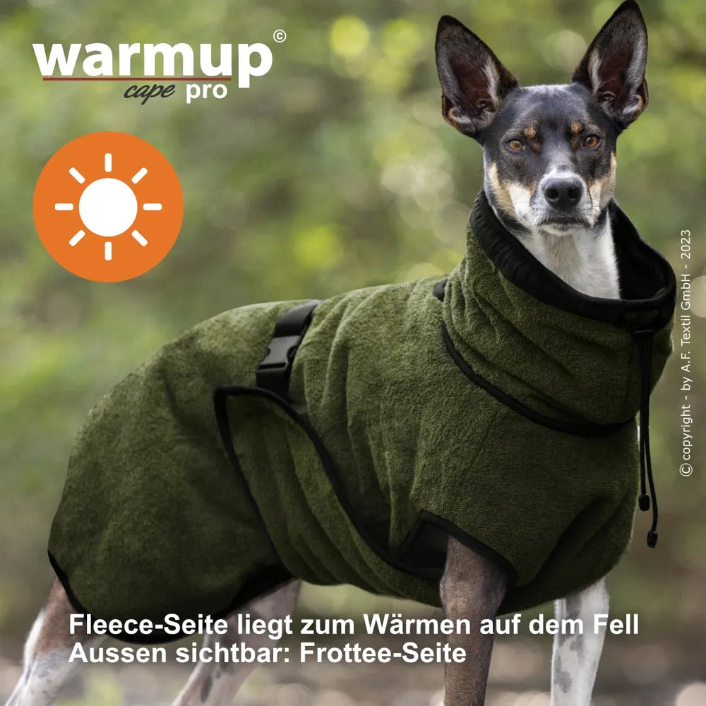 Hund in grüner Fleece-Decke von Warmup©, warm und weich, ideal für kühlere Tage.