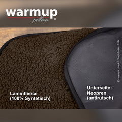 Braunes Lammfleece-Kissen von warmup© mit rutschfester Neopren-Unterseite für optimalen Komfort.