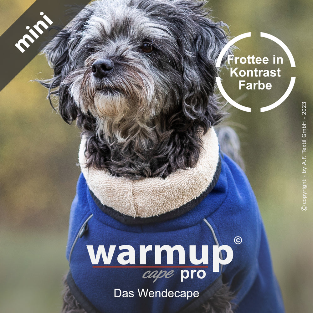 Kleiner Hund trägt Wende-Cape WARMUP© in dunkelblau mit sandfarbenem Innenfutter aus Frotté. Stylish und kuschelig!