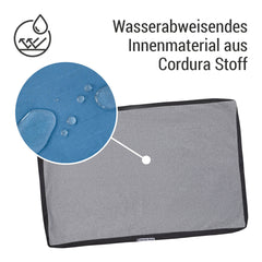 Wechsel-Cover für Hundematratze in grau-schwarz aus wasserabweisendem Cordura-Stoff mit Wassertropfen.