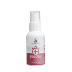 Probiotisches Wundspray von Lakefields in weißer Flasche mit pinkem Etikett und Sprühkopf für sanfte Wundpflege.