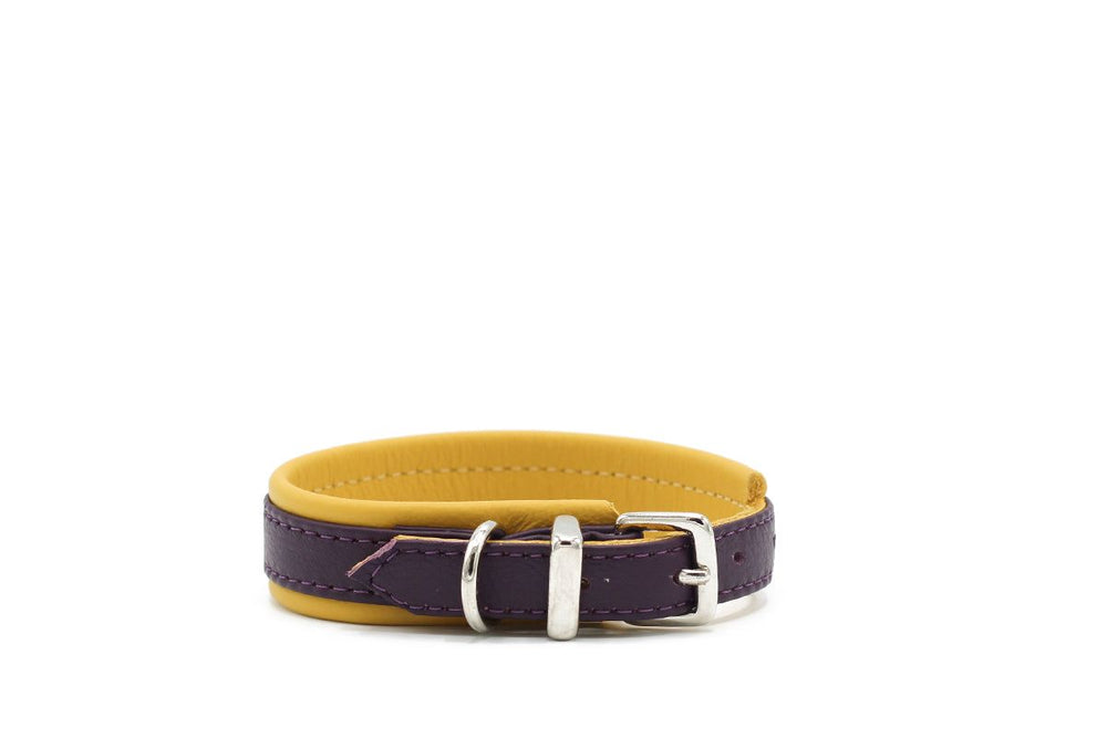 "Halsband Spring Break: Zweigeteiltes Armband in Gelb und lila Leder mit silberner Schnalle, perfekt für modische Akzente."