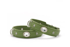 Grüne Lederimitat-Hundehalsbänder mit Strasssteinen und Metallschnalle im Mini-Diamond-Stil.