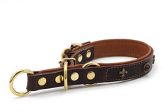Braunes Lederhalsband für Hunde mit goldenen Beschlägen und Fleur-de-Lis Emblem. Ideal für stilvolle Spaziergänge.
