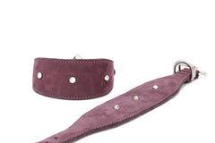 Lila Veloursleder-Hundehalsband mit glitzernden Schmucksteinen, ideal für Windhunde und stilvolle Ausstrahlung.