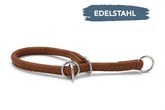 Elegante Hunde-Leine aus braunem Leder mit Edelstahl-Elementen und Handgriff für besten Komfort und Stil.