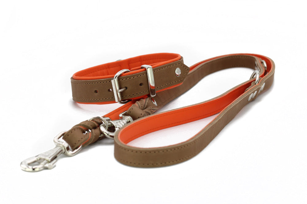 "Hundehalsband und Leine in Mokka-Braun mit orangefarbenen Innenseiten und silbernen Beschlägen - Premium-Klassik."