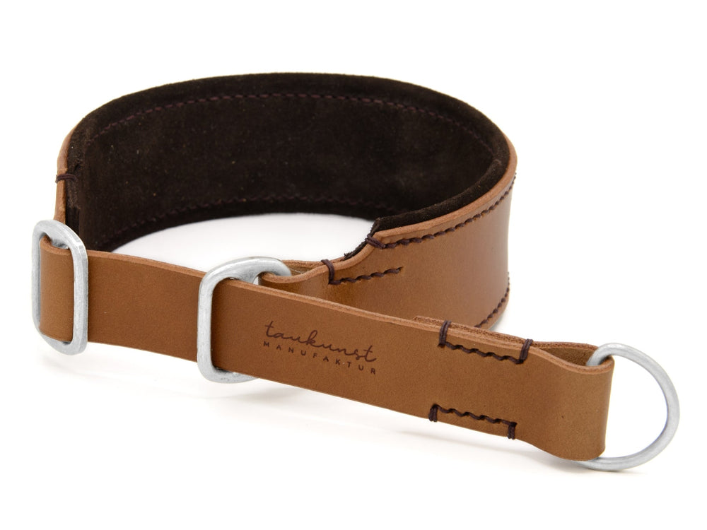Braunes Lederhalsband mit silbernen Ringen und gepolsterter Innenseite für Hunde - Zugstopp Modell Wildfang.