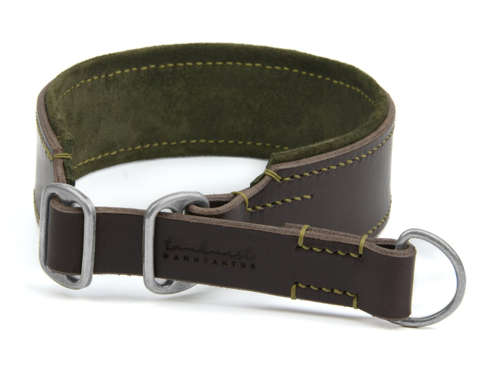 Braunes Lederhalsband mit grünem Innenfutter, grauer Metall-Schließe und D-Ring für Hunde.