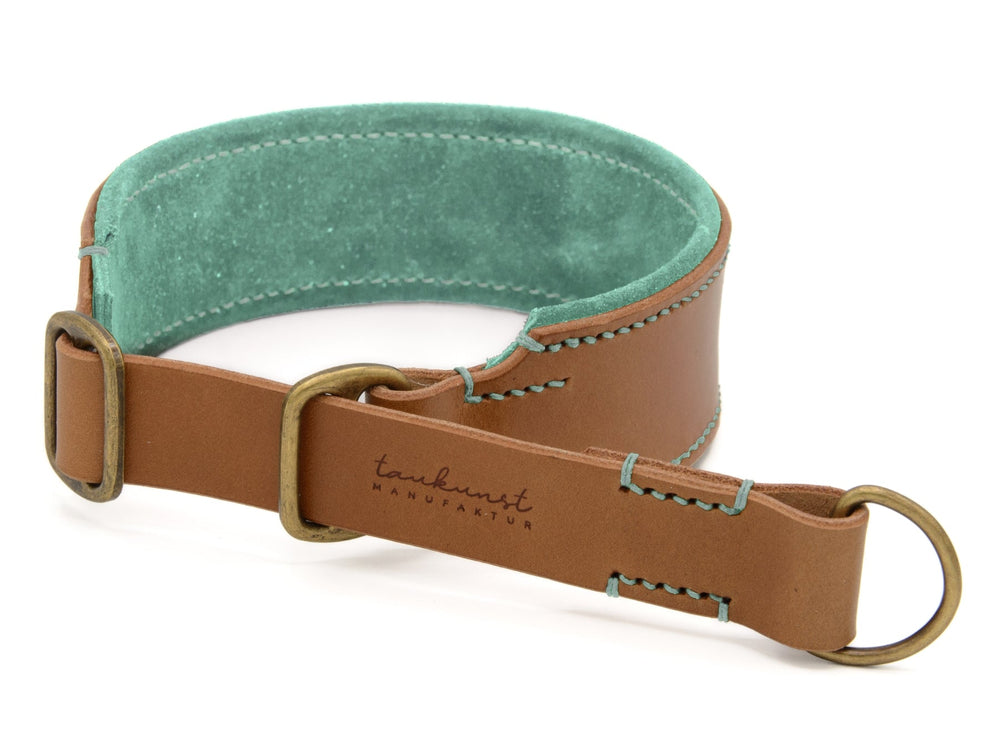 Braunes Lederhalsband für Hunde mit blauem Innenfutter und grünen Nähten, gepolstert und robust. Ideal für aktive Vierbeiner.