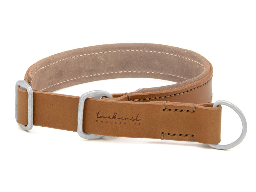 Braunes Lederhalsband für Hunde mit silbernen Beschlägen und D-Ring, elegant und schlicht designt.